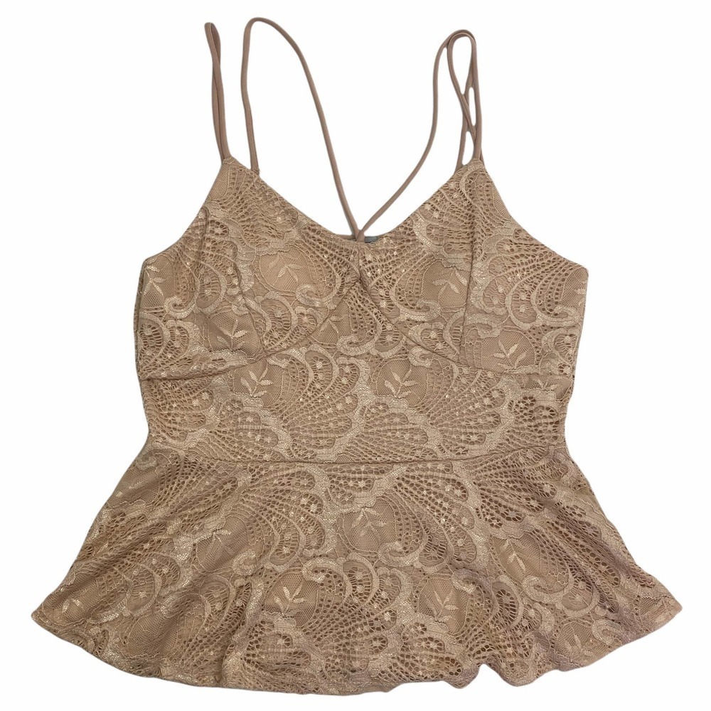 CHARLOTTE Russe Beige Nude Lace Sleeveless Strappy Peplum Tank Top Blouse